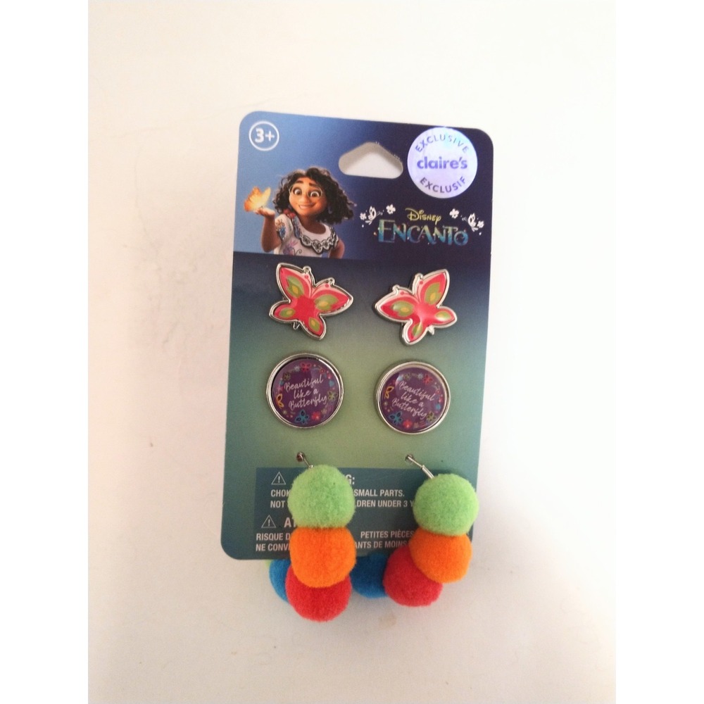 Claire's Disney Encanto Colorful 3 Pack Earrings Mirabel Butterfly Pom Pom